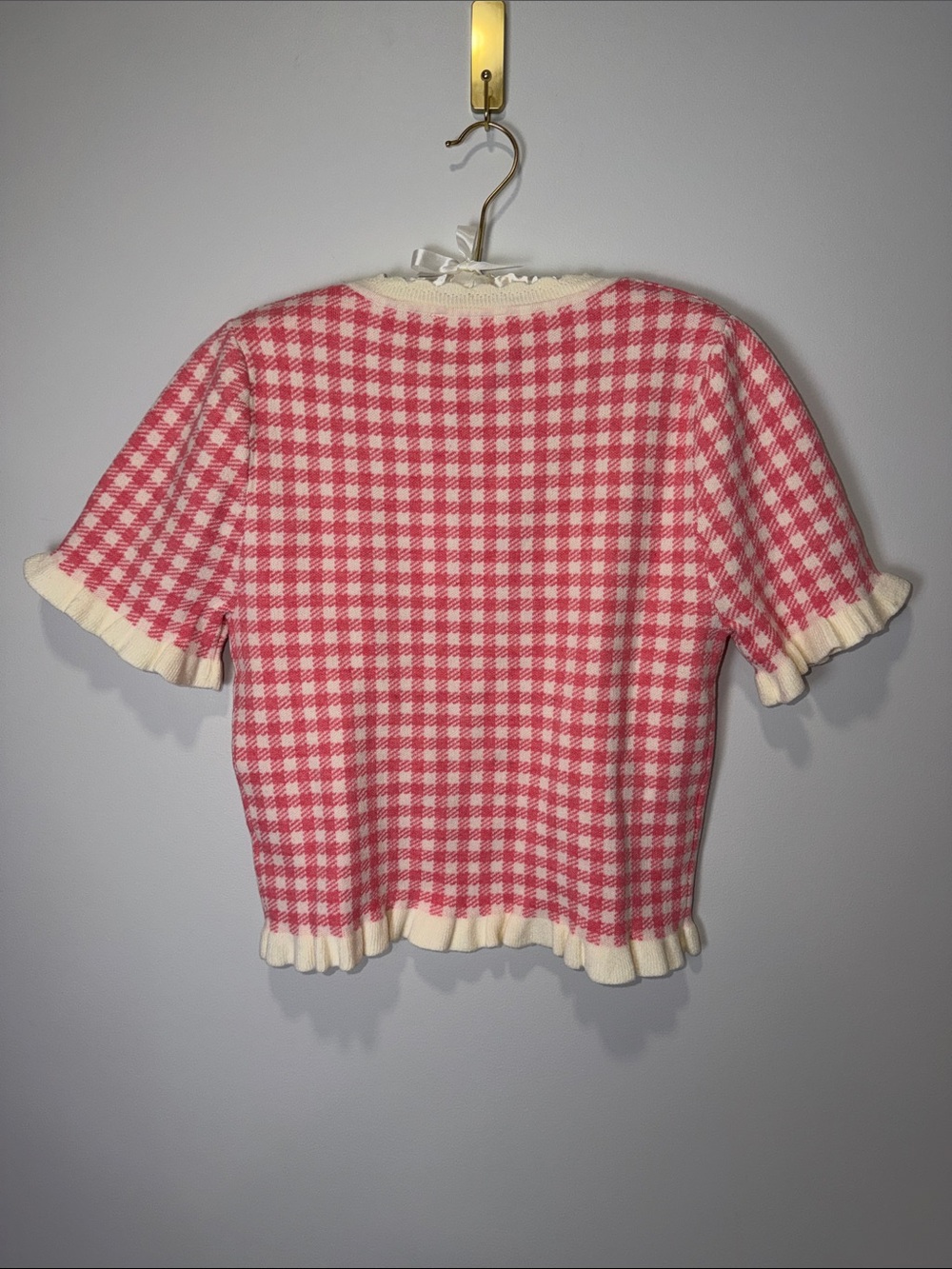 SO ME XL White Ivory Pink Gingham Knit Ruffle Trim Short Sleeve Sweater Top - Picture 10 of 13